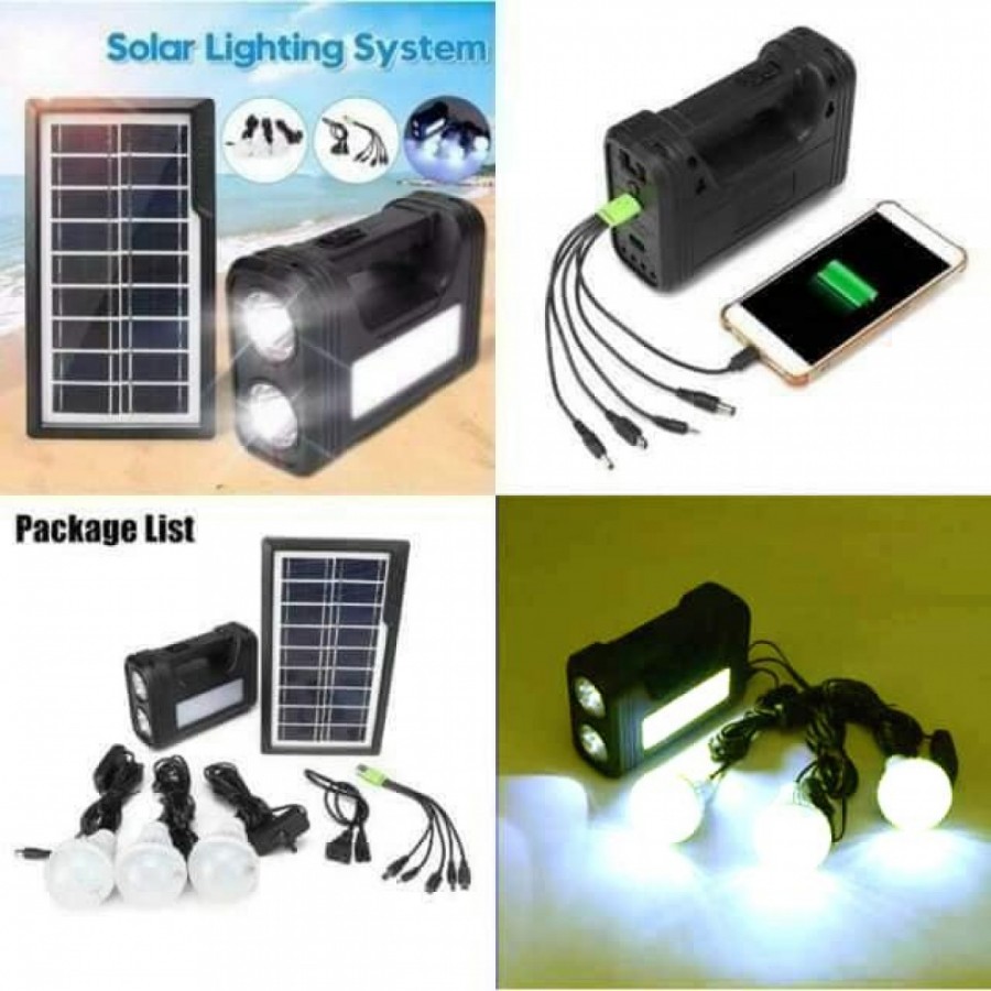 Panou solar fotovoltaic, iluminare 3 becuri, lanterna-lampa, incarcare telefon ( Iluminat )