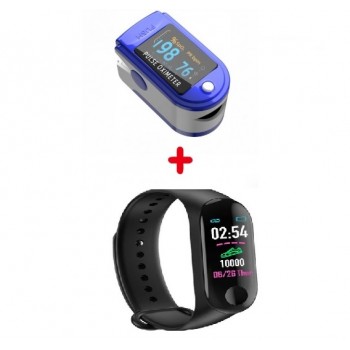 Promo 1+1 Aparat de masurare puls, Oximetru pentru deget cu display, Pulsoximetru, Masurare Saturatie Oxigen, Pentru Deget + Bratara inteligenta M3