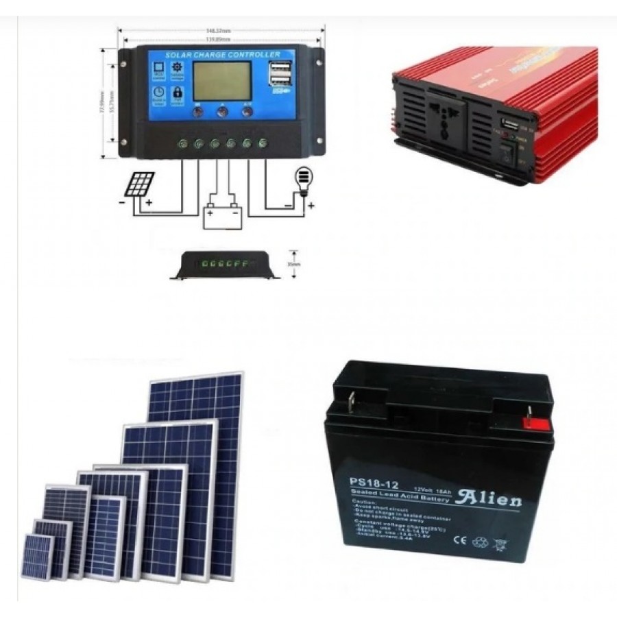 Kit solar cu panou fotovoltaic 100W Invertor 220V Controller 20A, Acumulator 12v-7Ah - Iluminat -wowreduceri.ro Kit solar cu panou fotovoltaic 100W Invertor 220V Controller 20A, Acumulator 12v-7Ah ( Iluminat )