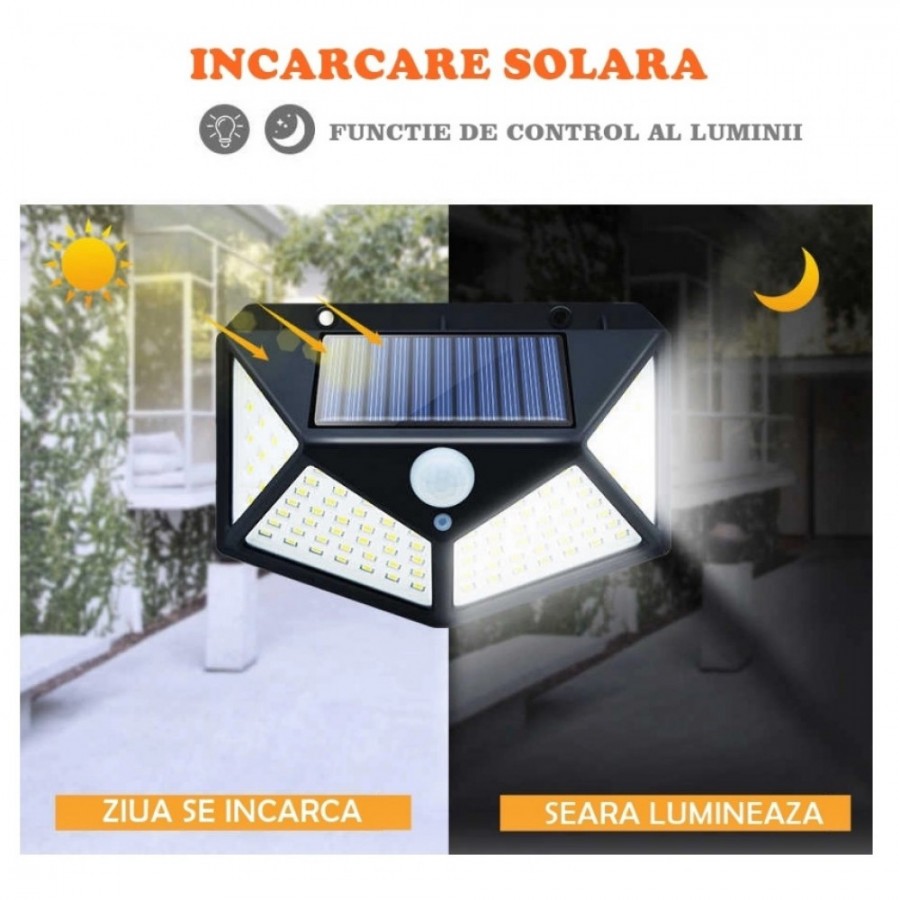 Set 8 x Lampa 100 LED cu panou solar, senzor de miscare - ELECTRONICE - wowreduceri.ro