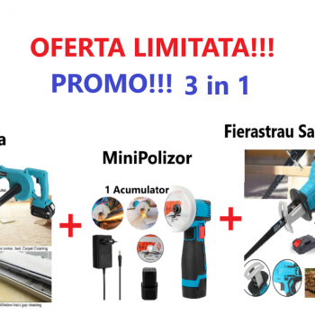 Promo Limitat!!! Suflanta de Aer Electrica, Fara Fir, cu Acumulator, Maturator de Frunze + Mini Polizor Unghiular cu 2 Acumulatori + Fierăstrău Tip Sabie, Soricel cu 1 Acumulator si 4 Lame Incluse Promo Limitat!!! Suflanta de Aer Electrica, Fara Fir, cu Acumulator, Maturator de Frunze + Mini Polizor Unghiular cu 2 Acumulatori + Fierăstrău Tip Sabie, Soricel cu 1 Acumulator si 4 Lame Incluse