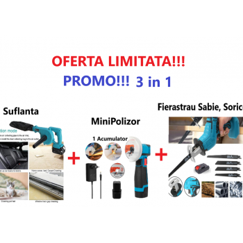 Promo Limitat!!! Suflanta de Aer Electrica, Fara Fir, cu Acumulator, Maturator de Frunze + Mini Polizor Unghiular cu 2 Acumulatori + Fierăstrău Tip Sabie, Soricel cu 1 Acumulator si 4 Lame Incluse