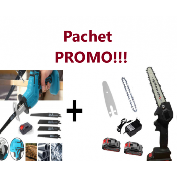 Promo!!! Fierăstrău Tip Sabie, Soricel Fără Fir Pentru Taiat si Toaletat Gradina, cu 1 Acumulator si 4 Lame Incluse + Mini drujba 6 inch cu 1 Lant, 1 Lama, 2 Acumulatori