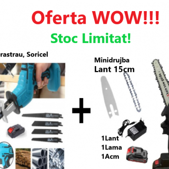 Promo!!! Fierăstrău Tip Sabie, Soricel Fără Fir Pentru Taiat si Toaletat Gradina, cu 1 Acumulator si 4 Lame Incluse + Mini drujba Lama 15 cm,  cu 1 Lant, 1 Lama, 1 Acumulator Promo!!! Fierăstrău Tip Sabie, Soricel Fără Fir Pentru Taiat si Toaletat Gradina, cu 1 Acumulator si 4 Lame Incluse + Mini drujba Lama 15 cm,  cu 1 Lant, 1 Lama, 1 Acumulator
