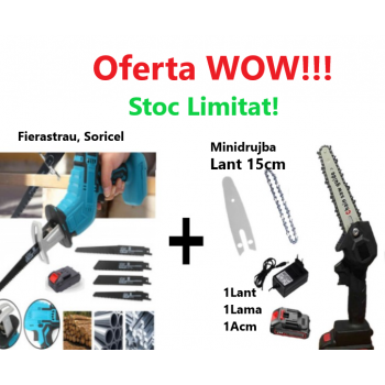 Promo!!! Fierăstrău Tip Sabie, Soricel Fără Fir Pentru Taiat si Toaletat Gradina, cu 1 Acumulator si 4 Lame Incluse + Mini drujba Lama 15 cm,  cu 1 Lant, 1 Lama, 1 Acumulator