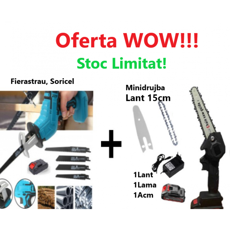 Promo!!! Fierăstrău Tip Sabie, Soricel Fără Fir Pentru Taiat si Toaletat Gradina, cu 1 Acumulator si 4 Lame Incluse + Mini drujba 6 inch cu 1 Lant, 1 Lama, 1 Acumulator Promo!!! Fierăstrău Tip Sabie, Soricel Fără Fir Pentru Taiat si Toaletat Gradina, cu 1 Acumulator si 4 Lame Incluse + Mini drujba 6 inch cu 1 Lant, 1 Lama, 1 Acumulator