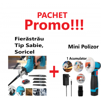 Promo!!! Fierăstrău Tip Sabie, Soricel Fără Fir Pentru Taiat si Toaletat Gradina, cu 1 Acumulator si 4 Lame Incluse + Mini Polizor Unghiular cu 1 Acumulator, Portabil, 12 V, Disc 76MM