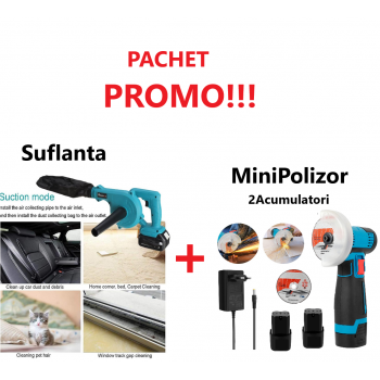 Promo!!! Suflanta de Aer Electrica, Fara Fir, cu Acumulator, Maturator de Frunze + Mini Polizor Unghiular cu 2 Acumulatori, Portabil, 12 V, Disc 76MM