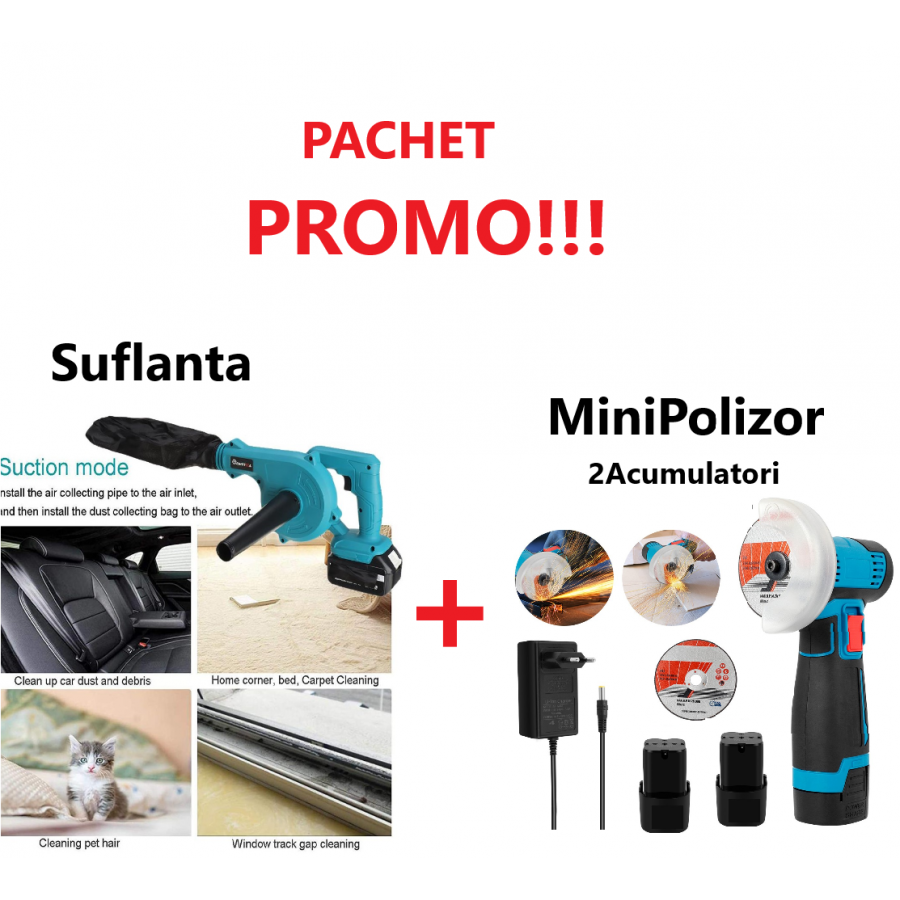 Promo!!! Suflanta de Aer Electrica, Fara Fir, cu Acumulator, Maturator de Frunze + Mini Polizor Unghiular cu 2 Acumulatori, Portabil, 12 V, Disc 76MM Promo!!! Suflanta de Aer Electrica, Fara Fir, cu Acumulator, Maturator de Frunze + Mini Polizor Unghiular cu 2 Acumulatori, Portabil, 12 V, Disc 76MM