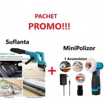 Promo!!! Suflanta de Aer Electrica, Fara Fir, cu Acumulator, Maturator de Frunze + Mini Polizor Unghiular cu 1 Acumulator, Portabil, 12 V, Disc 76MM