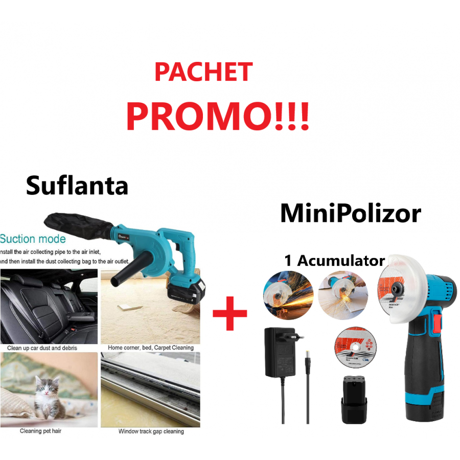 Promo!!! Suflanta de Aer Electrica, Fara Fir, cu Acumulator, Maturator de Frunze + Mini Polizor Unghiular cu 1 Acumulator, Portabil, 12 V, Disc 76MM Promo!!! Suflanta de Aer Electrica, Fara Fir, cu Acumulator, Maturator de Frunze + Mini Polizor Unghiular cu 1 Acumulator, Portabil, 12 V, Disc 76MM