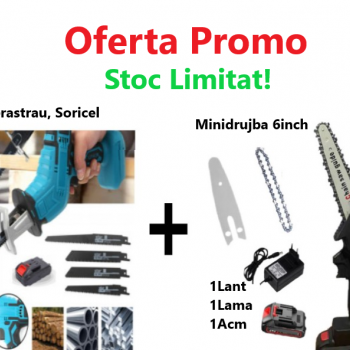 Promo!!! Fierăstrău Tip Sabie, Soricel Fără Fir Pentru Taiat si Toaletat Gradina, cu 1 Acumulator si 4 Lame Incluse + Mini drujba 6 inch cu 1 Lant, 1 Lama, 1 Acumulator Promo!!! Fierăstrău Tip Sabie, Soricel Fără Fir Pentru Taiat si Toaletat Gradina, cu 1 Acumulator si 4 Lame Incluse + Mini drujba 6 inch cu 1 Lant, 1 Lama, 1 Acumulator