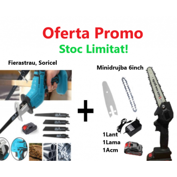 Promo!!! Fierăstrău Tip Sabie, Soricel Fără Fir Pentru Taiat si Toaletat Gradina, cu 1 Acumulator si 4 Lame Incluse + Mini drujba 6 inch cu 1 Lant, 1 Lama, 1 Acumulator