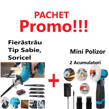 Promo!!! Fierăstrău Tip Sabie, Soricel Fără Fir Pentru Taiat si Toaletat Gradina, cu 1 Acumulator si 4 Lame Incluse + Mini Polizor Unghiular cu 2 Acumulatori, Portabil, 12 V, Disc 76MM