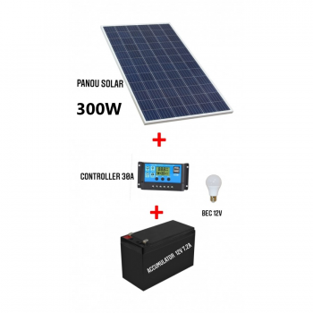 Kit Solar cu Panou Fotovoltaic 300W, Panou Solar Fotovoltaic, 300W, Dimensiune 1650x992x35 mm, 18 V, Controller 30A, Bec 12V si Acumulator 12V 7.2Ah,  WOW Kit Solar cu Panou Fotovoltaic 300W, Panou Solar Fotovoltaic, 300W, Dimensiune 1650x992x35 mm, 18 V, Controller 30A, Bec 12V si Acumulator 12V 7.2Ah,  WOW