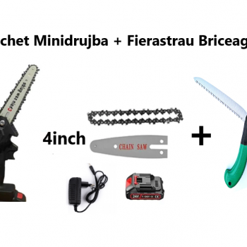 Pachet Mini Drujba Electrica 4 inch, cu 1Lant, 1 Lama, 1 Acumulator, 24 V, 5Ah + Fierastrau Briceag  Pachet Mini Drujba Electrica 4 inch, cu 1Lant, 1 Lama, 1 Acumulator, 24 V, 5Ah + Fierastrau Briceag