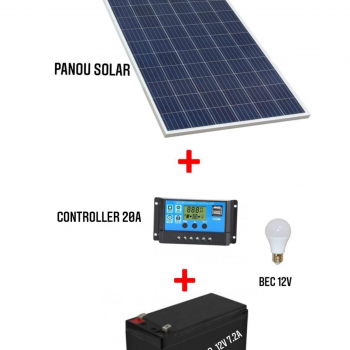 Kit Solar cu Panou Fotovoltaic 200W, Controller 30A, Bec 12V si Acumulator 12V 7.2Ah Kit Solar cu Panou Fotovoltaic 200W, Controller 30A, Bec 12V si Acumulator 12V 7.2Ah