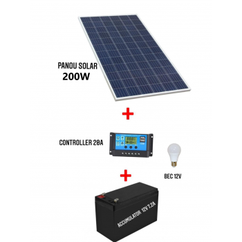 Kit Solar cu Panou Fotovoltaic 200W, Controller 30A, Bec 12V si Acumulator 12V 7.2Ah