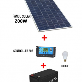 Kit Solar cu Panou Fotovoltaic 200W, Controller 30A, Bec 12V si Acumulator 12V 7.2Ah Kit Solar cu Panou Fotovoltaic 200W, Controller 30A, Bec 12V si Acumulator 12V 7.2Ah