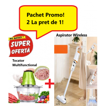 Super Oferta 2 in 1 - Tocator Electric Multifunctional pentru Carne, Fructe si Legume + Aspirator Vertical Portabil Fara Fir, Wireless, 2 in 1, Fara sac, Control pe maner, Reincarcabil