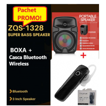 Pachet Promo- Mini Boxa Portabila ZQS1328, Putere 8W, 3 inch, Lumini Led RGB, Incarcare rapida,1200 mAH + Casca Bluetooth Wireless Pachet Promo- Mini Boxa Portabila ZQS1328, Putere 8W, 3 inch, Lumini Led RGB, Incarcare rapida,1200 mAH + Casca Bluetooth Wireless