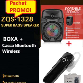 Pachet Promo- Mini Boxa Portabila ZQS1328, Putere 8W, 3 inch, Lumini Led RGB, Incarcare rapida,1200 mAH + Casca Bluetooth Wireless Pachet Promo- Mini Boxa Portabila ZQS1328, Putere 8W, 3 inch, Lumini Led RGB, Incarcare rapida,1200 mAH + Casca Bluetooth Wireless