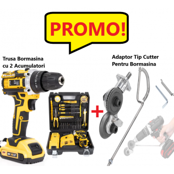 Promo!!! Trusa Bormasina, Masina de Gaurit si Insurubat cu 2 Acumulatori si Multiple Accesorii + Adaptor Tip Cutter de Taiat Tabla Pentru Bormasina