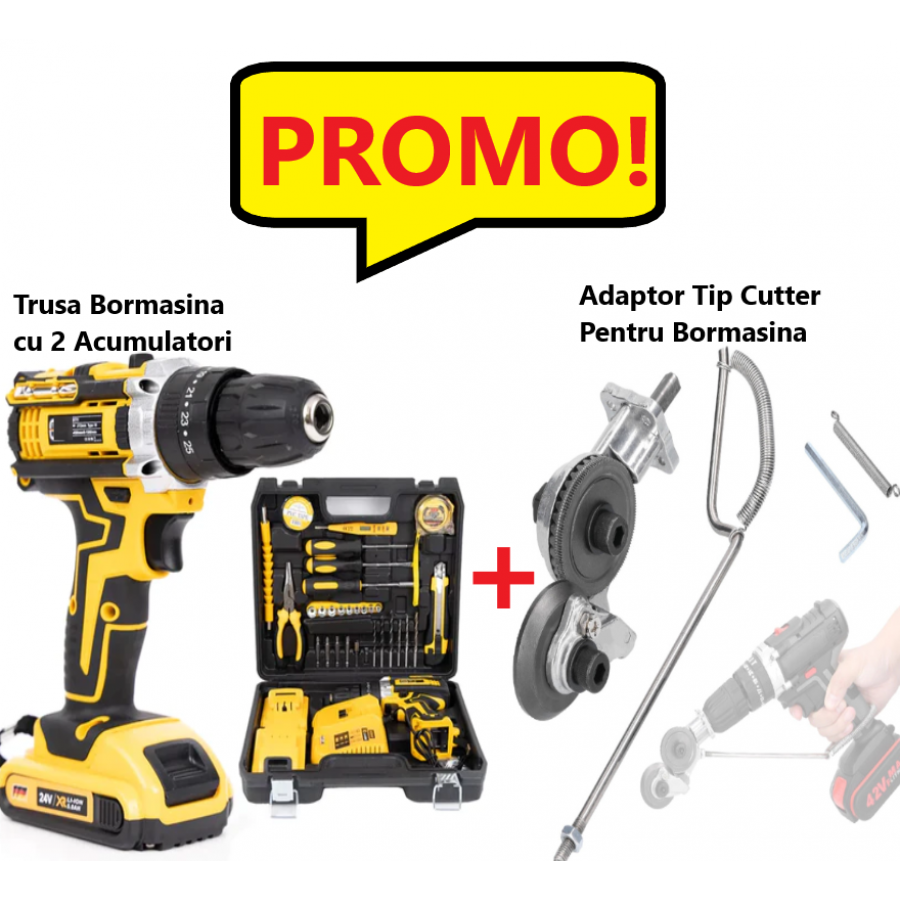 Promo!!! Trusa Bormasina, Masina de Gaurit si Insurubat cu 2 Acumulatori si Multiple Accesorii + Adaptor Tip Cutter de Taiat Tabla Pentru Bormasina Promo!!! Trusa Bormasina, Masina de Gaurit si Insurubat cu 2 Acumulatori si Multiple Accesorii + Adaptor Tip Cutter de Taiat Tabla Pentru Bormasina