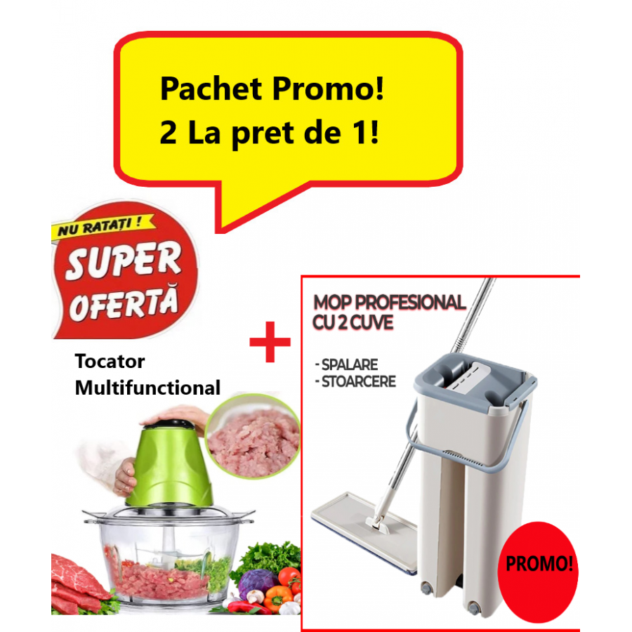 Super Oferta 2 in 1 - Tocator Electric Multifunctional pentru Carne, Fructe si Legume + Mop Profesional Scratch cu Doua Cuve de Spalare si Uscare