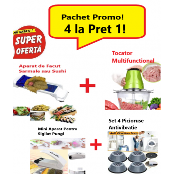 Pachet Promo 4 in 1- Aparat de Facut Sarmale + Tocator Multifunctional pentru Carne, Fructe si Legume + Mini Dispozitiv Portabil pentru Sigilat Pungi + Set de 4 Picioruse Conice Tampon Anti-vibratie