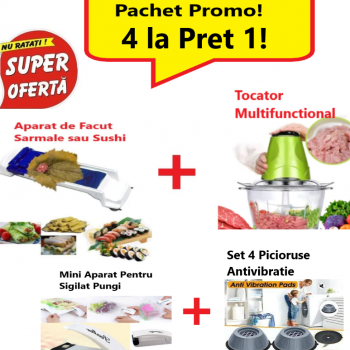 Pachet Promo 4 in 1- Aparat de Facut Sarmale + Tocator Multifunctional pentru Carne, Fructe si Legume + Mini Dispozitiv Portabil pentru Sigilat Pungi + Set de 4 Picioruse Conice Tampon Anti-vibratie Pachet Promo 4 in 1- Aparat de Facut Sarmale + Tocator Multifunctional pentru Carne, Fructe si Legume + Mini Dispozitiv Portabil pentru Sigilat Pungi + Set de 4 Picioruse Conice Tampon Anti-vibratie