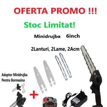 Super Oferta WOW- Mini Drujba Fierastrau 2Acumulatori, 2Lame, 2Lanturi + Adaptor Tip Minidrujba, Pentru Bormasina Super Oferta WOW- Mini Drujba Fierastrau 2Acumulatori, 2Lame, 2Lanturi + Adaptor Tip Minidrujba, Pentru Bormasina