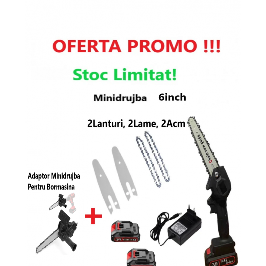Super Oferta WOW- Mini Drujba Fierastrau 2Acumulatori, 2Lame, 2Lanturi + Adaptor Tip Minidrujba, Pentru Bormasina Super Oferta WOW- Mini Drujba Fierastrau 2Acumulatori, 2Lame, 2Lanturi + Adaptor Tip Minidrujba, Pentru Bormasina
