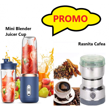 Oferta WOW - Mini Blender Portabil Juicer Cup, 400 ml, Incarcare USB, 18650 RPM + Rasnita Electrica din Inox, 150W, cu Lame de Metal