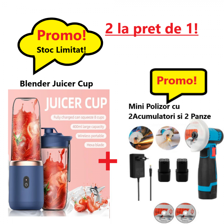 Oferta WOW- Mini Blender Portabil Juicer Cup, 400 ml, Incarcare USB, 18650 RPM + Mini Polizor Unghiular cu 2 Acumulatori si 2 Panze, 12 V, Disc 76MM Oferta WOW- Mini Blender Portabil Juicer Cup, 400 ml, Incarcare USB, 18650 RPM + Mini Polizor Unghiular cu 2 Acumulatori si 2 Panze, 12 V, Disc 76MM