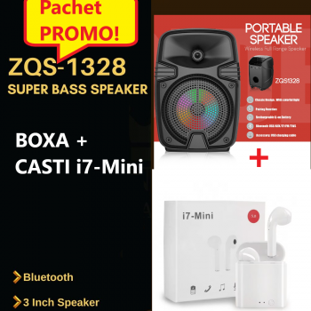 Pachet Promo- Mini Boxa Portabila ZQS1328, Putere 8W, 3 inch, Lumini Led RGB, Incarcare rapida,1200 mAH + Casti I7 mini, Bluetooth 5.0, Incarcare Rapida Pachet Promo- Mini Boxa Portabila ZQS1328, Putere 8W, 3 inch, Lumini Led RGB, Incarcare rapida,1200 mAH + Casti I7 mini, Bluetooth 5.0, Incarcare Rapida
