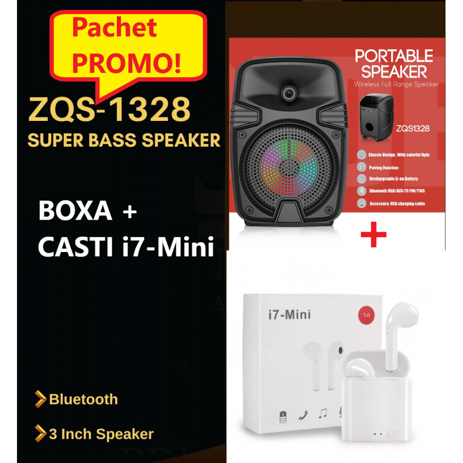 Pachet Promo- Mini Boxa Portabila ZQS1328, Putere 8W, 3 inch, Lumini Led RGB, Incarcare rapida,1200 mAH + Casti I7 mini, Bluetooth 5.0, Incarcare Rapida Pachet Promo- Mini Boxa Portabila ZQS1328, Putere 8W, 3 inch, Lumini Led RGB, Incarcare rapida,1200 mAH + Casti I7 mini, Bluetooth 5.0, Incarcare Rapida