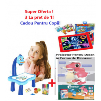 Promo - 3 la pret de 1! Masuta Albastra Pentru Desenat cu Proiector Holografic + Proiector Pentru Desen in Forma de Dinozaur + Tableta Magic Pad