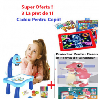 Promo - 3 la pret de 1! Masuta Albastra Pentru Desenat cu Proiector Holografic + Proiector Pentru Desen in Forma de Dinozaur + Tableta Magic Pad Promo - 3 la pret de 1! Masuta Albastra Pentru Desenat cu Proiector Holografic + Proiector Pentru Desen in Forma de Dinozaur + Tableta Magic Pad