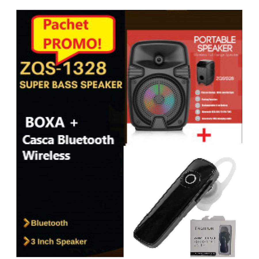 Pachet Promo- Mini Boxa Portabila ZQS1328, Putere 8W, 3 inch, Lumini Led RGB, Incarcare rapida,1200 mAH + Casca Bluetooth Wireless Pachet Promo- Mini Boxa Portabila ZQS1328, Putere 8W, 3 inch, Lumini Led RGB, Incarcare rapida,1200 mAH + Casca Bluetooth Wireless