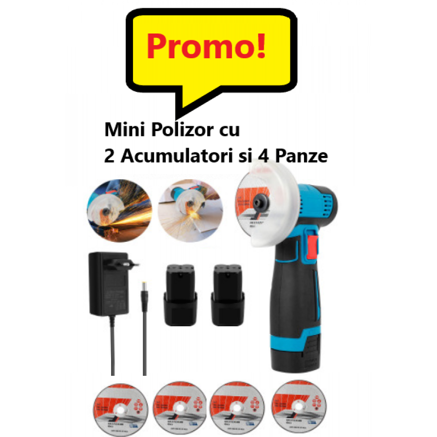 Mini Polizor Unghiular cu 2 Acumulatori si 4 Panze, 12 V, Disc 76MM Mini Polizor Unghiular cu 2 Acumulatori si 4 Panze, 12 V, Disc 76MM