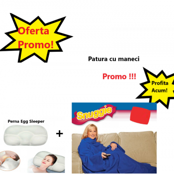 Oferta Promo - Patura cu Maneci Snuggie, Albastra, Stil Hanorac + Perna Egg Sleeper Pentru un Somn Confortabil