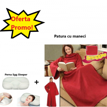 Oferta Promo - Patura cu Maneci Snuggie, Rosie, Stil Hanorac + Perna Egg Sleeper Pentru un Somn Confortabil