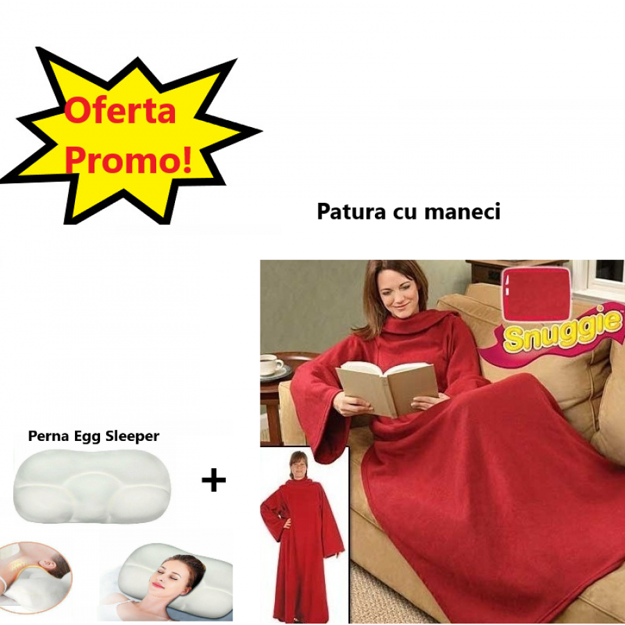 Oferta Promo - Patura cu Maneci Snuggie, Rosie, Stil Hanorac + Perna Egg Sleeper Pentru un Somn Confortabil Oferta Promo - Patura cu Maneci Snuggie, Rosie, Stil Hanorac + Perna Egg Sleeper Pentru un Somn Confortabil