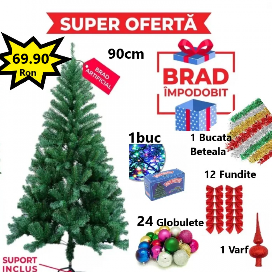 Oferta Brad Artificial de Craciun 90 cm, Suport Inclus + Cadou Accesorii Impodobit- Instalatie Colorata 100Led, 24 Globulete, 1 Beteala, 1 Varf Brad si 12 Fundite Rosii Oferta Brad Artificial de Craciun 90 cm, Suport Inclus + Cadou Accesorii Impodobit- Instalatie Colorata 100Led, 24 Globulete, 1 Beteala, 1 Varf Brad si 12 Fundite Rosii