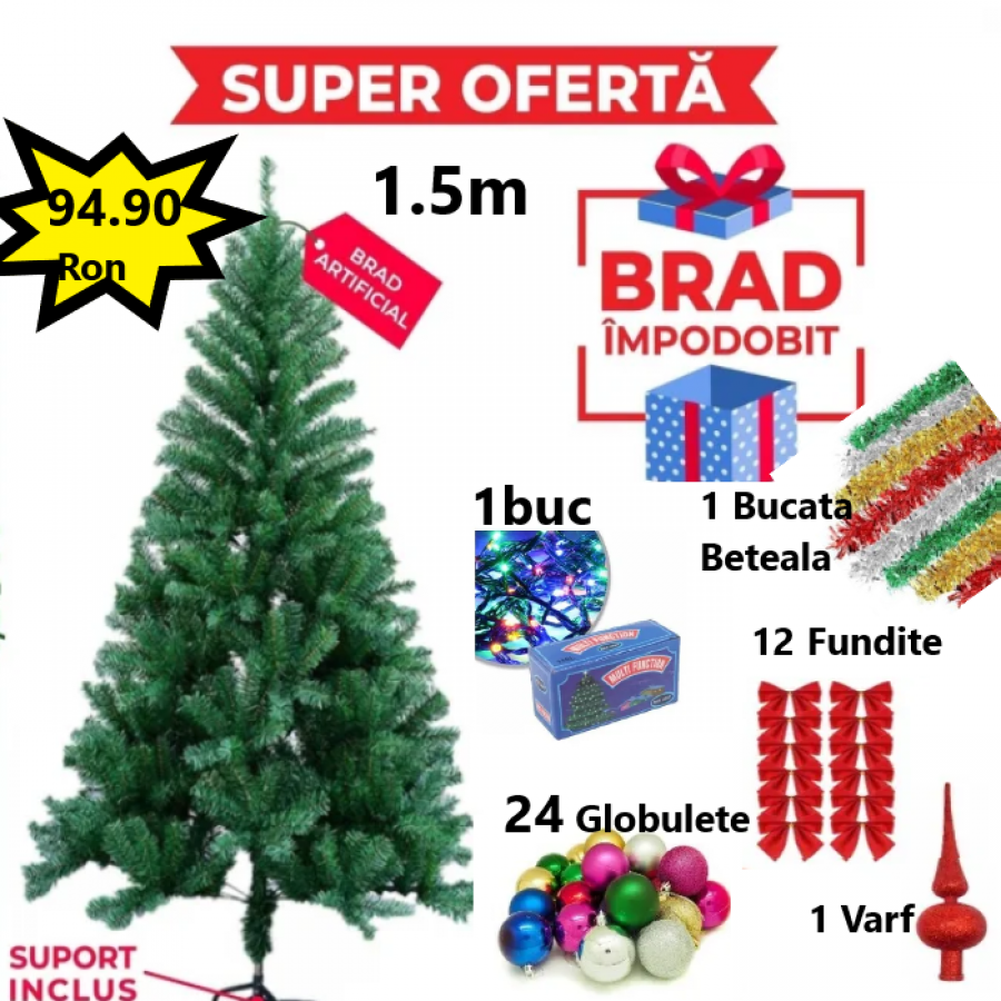 Oferta Brad Artificial de Craciun 150 cm, Suport Inclus + Cadou Accesorii Impodobit- Instalatie Colorata 100Led, 24 Globulete, 1 Beteala, 1 Varf Brad si 12 Fundite Rosii Oferta Brad Artificial de Craciun 150 cm, Suport Inclus + Cadou Accesorii Impodobit- Instalatie Colorata 100Led, 24 Globulete, 1 Beteala, 1 Varf Brad si 12 Fundite Rosii