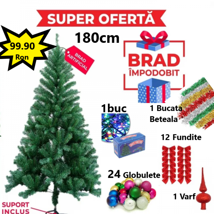 Oferta Brad Artificial de Craciun 180 cm, Suport Inclus + Cadou Accesorii Impodobit- Instalatie Colorata 100Led, 24 Globulete, 1 Beteala, 1 Varf Brad si 12 Fundite Rosii Oferta Brad Artificial de Craciun 180 cm, Suport Inclus + Cadou Accesorii Impodobit- Instalatie Colorata 100Led, 24 Globulete, 1 Beteala, 1 Varf Brad si 12 Fundite Rosii