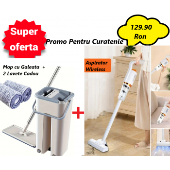 Super Oferta WOW – Aspirator Vertical Portabil Fara Fir, Wireless, 2 in 1, Fara sac, Control pe maner, Reincarcabil + Mop Profesional Scratch cu Doua Cuve de Spalare si Uscare + 2 Rezerve Cadou