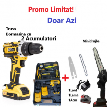 Super Oferta WOW-Trusa Bormasina, Masina de Gaurit si Insurubat cu 2 Acumulatori si Multiple Accesorii + Mini Drujba Fierastrau Complet Echipata cu Acumulator, Lama, Lant si Incarcator Super Oferta WOW-Trusa Bormasina, Masina de Gaurit si Insurubat cu 2 Acumulatori si Multiple Accesorii + Mini Drujba Fierastrau Complet Echipata cu Acumulator, Lama, Lant si Incarcator