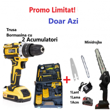 Super Oferta WOW-Trusa Bormasina, Masina de Gaurit si Insurubat cu 2 Acumulatori si Multiple Accesorii + Mini Drujba Fierastrau Complet Echipata cu Acumulator, Lama, Lant si Incarcator